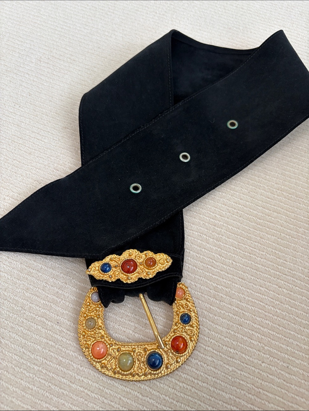 Black Suede Leather Belt with Gold Gem-Studded Buckle